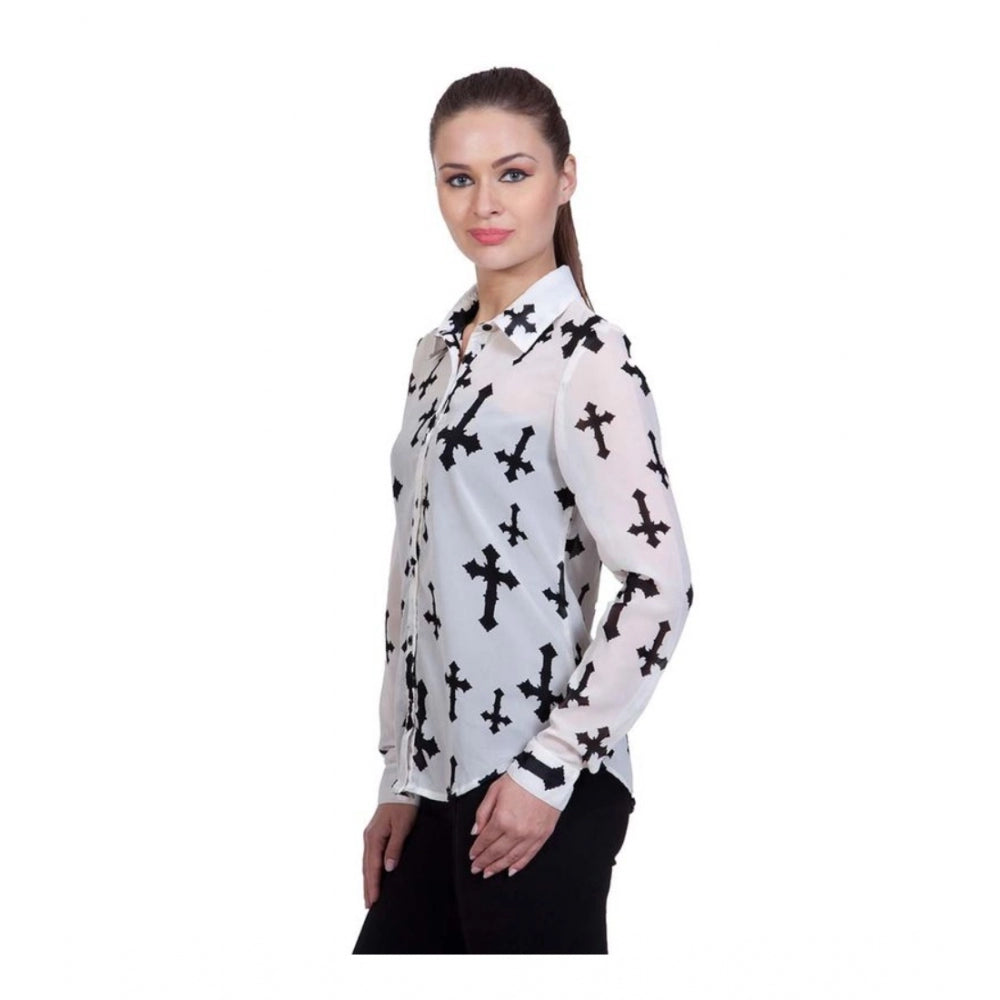 Women's Polyester Printed Long Sleeve Standard Length Shirt - White