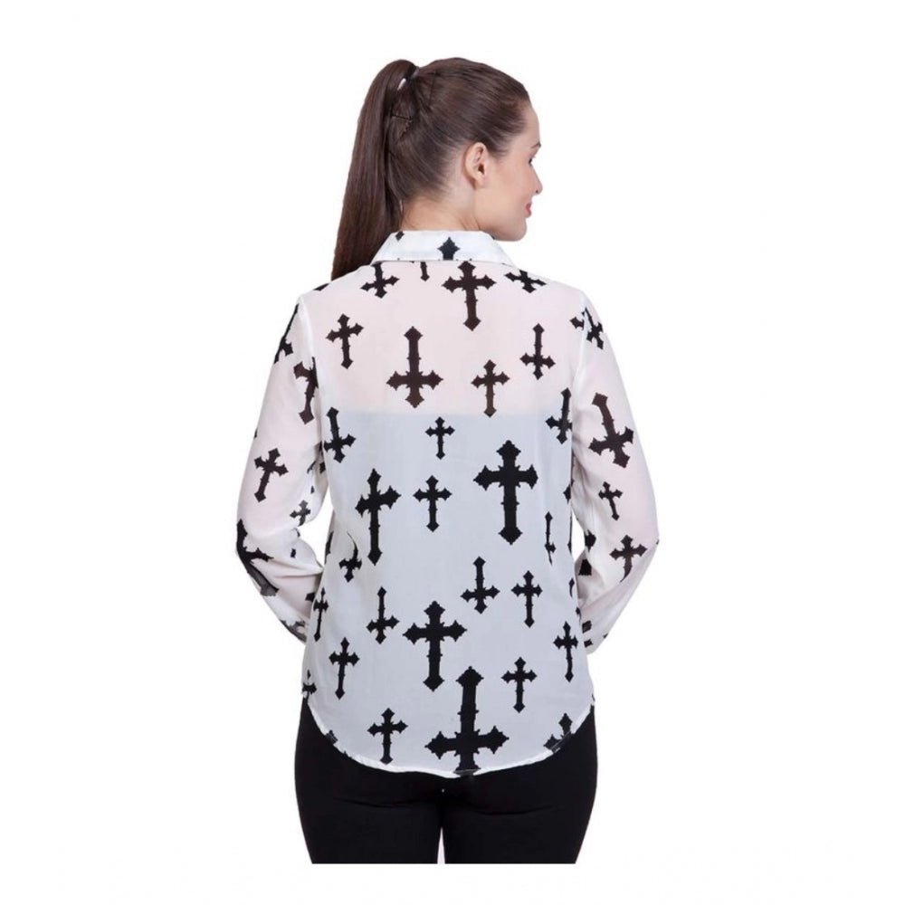 Women's Polyester Printed Long Sleeve Standard Length Shirt - White