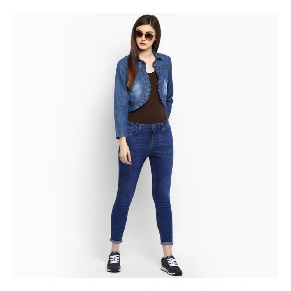 Women's Denim Pleated 3/4 Sleeve Sleeves Shrug - Blue