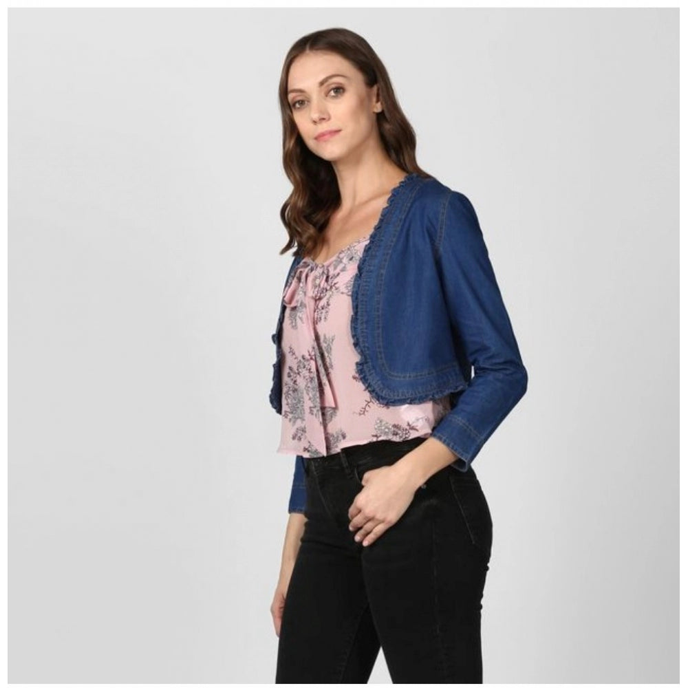 Women's Denim Ruffled Long Sleeve Shrug - Navy Blue