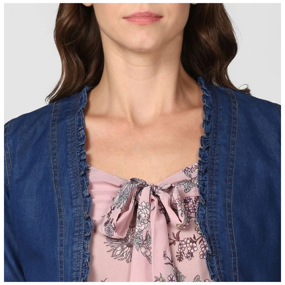 Women's Denim Ruffled Long Sleeve Shrug - Navy Blue