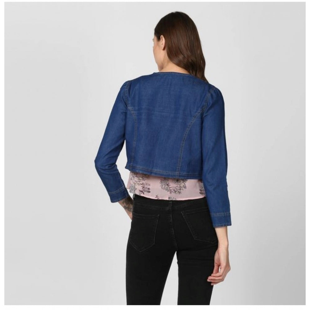 Women's Denim Ruffled Long Sleeve Shrug - Navy Blue