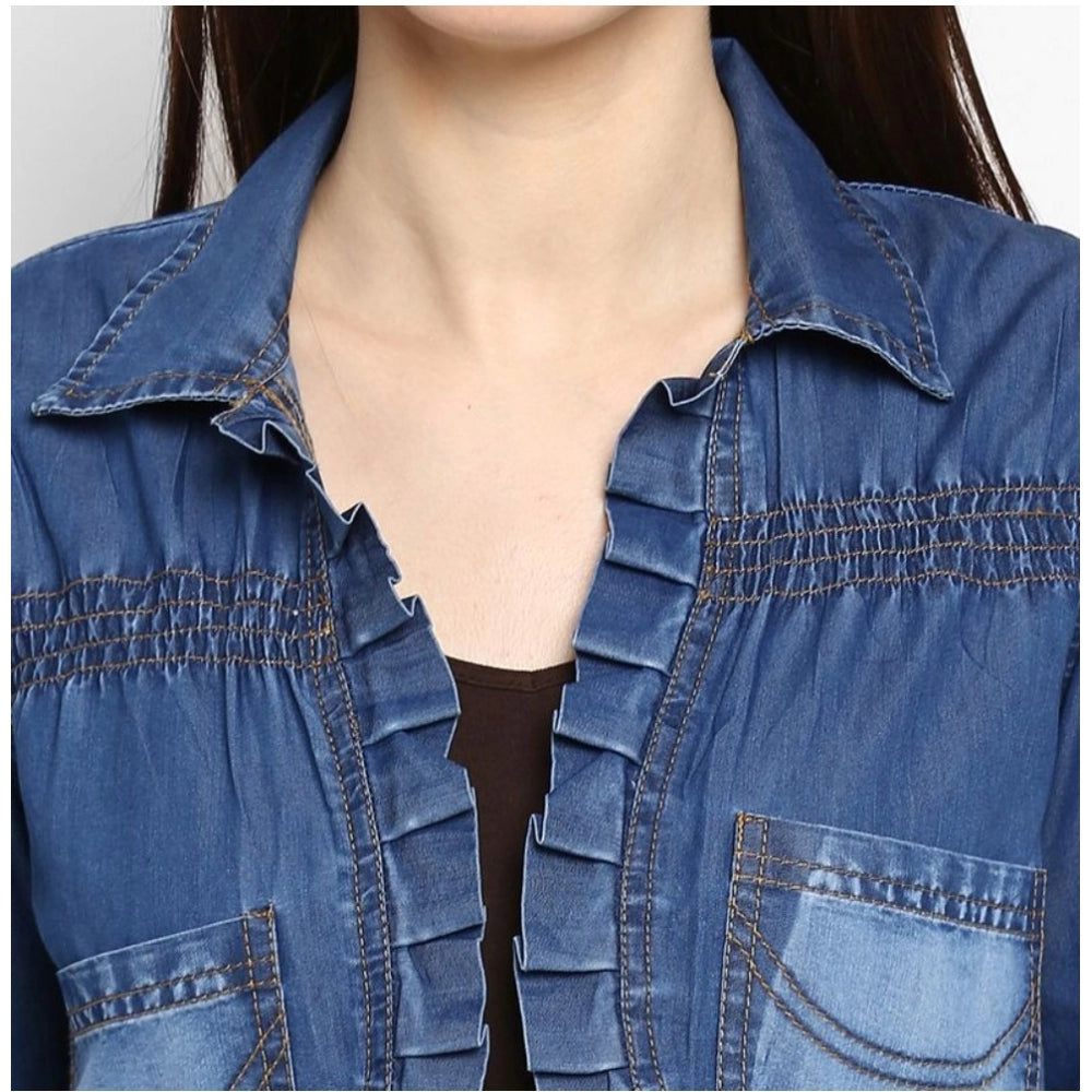 Women's Denim Pleated 3/4 Sleeve Sleeves Shrug - Blue
