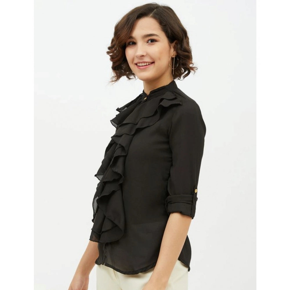 Women's Polyester Ruffled Long Sleeve Standard Length Shirt - Black