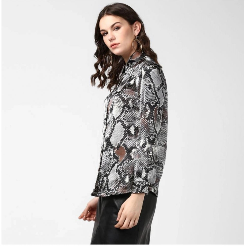 Women's Satin Animal Print Long Sleeve Standard Length Shirt - Black - Grey