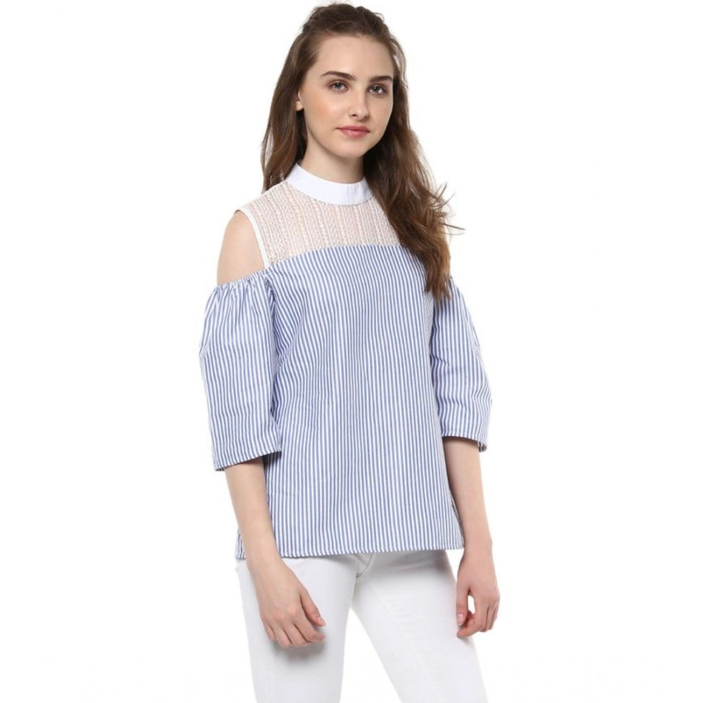 Women's Cotton Striped Cold Shoulder Top - Blue