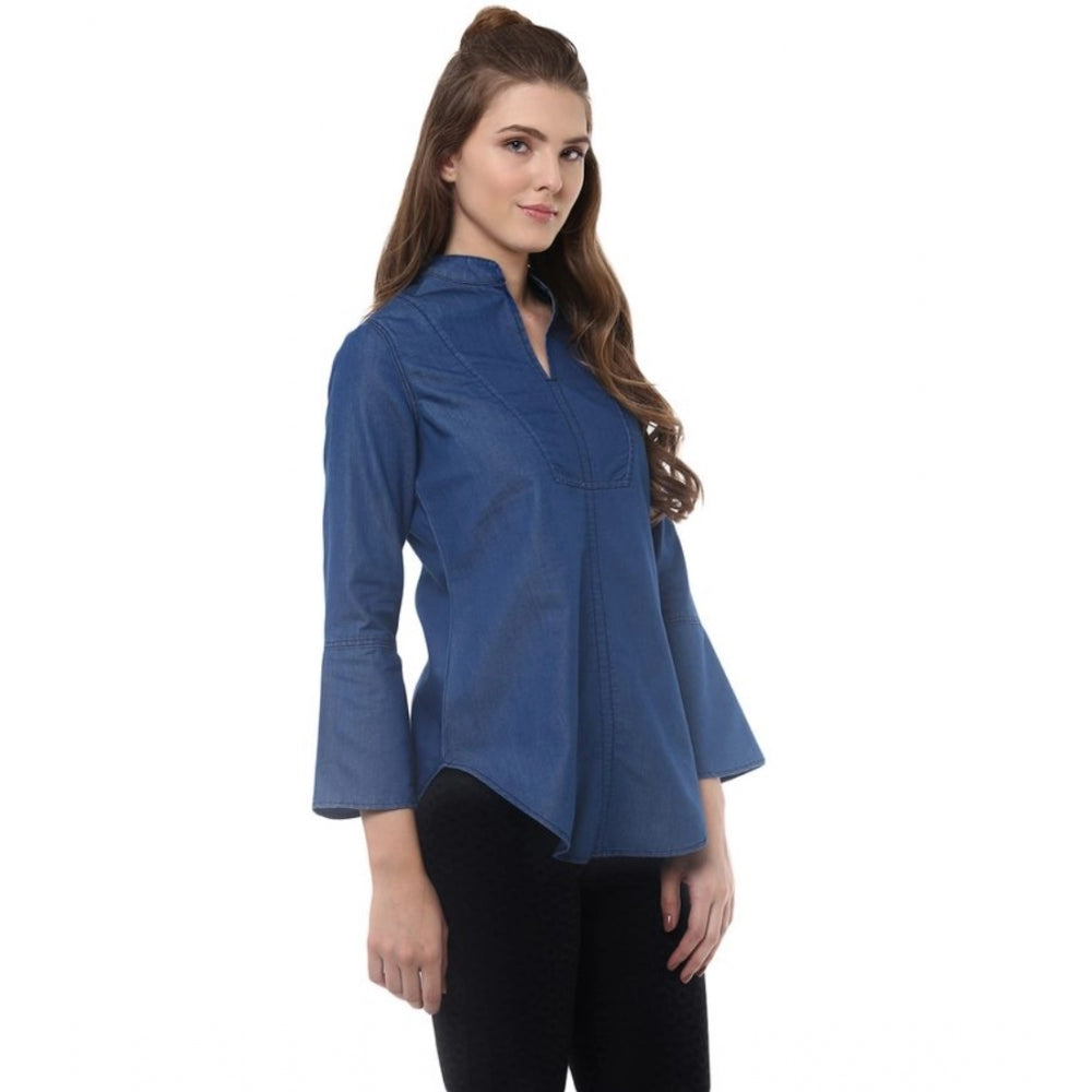 Women's Denim Solid Bell Sleeve Regular Top - Blue Denim