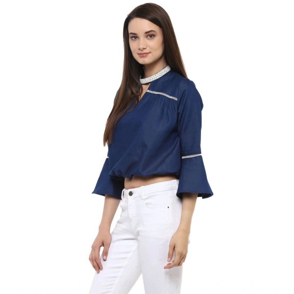 Women's Polyester Solid Bell Sleeve Regular Top - Blue