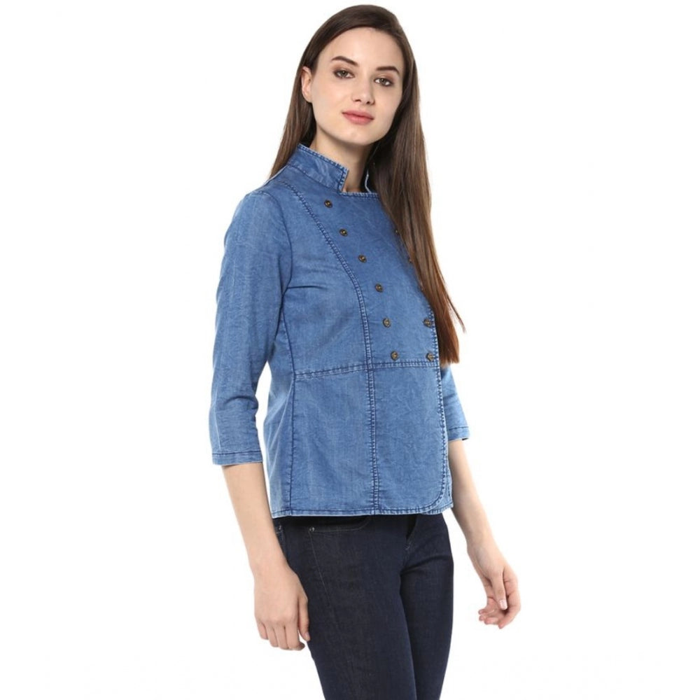 Women's Denim Solid 3/4 Sleeve Sleeves Regular Top - Blue