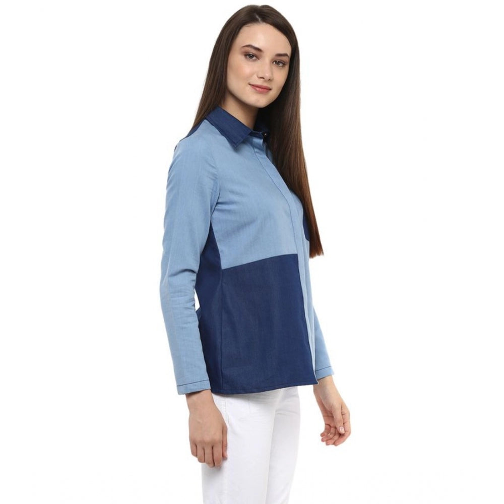 Women's Denim Patch Work Long Sleeve Regular Top - Blue