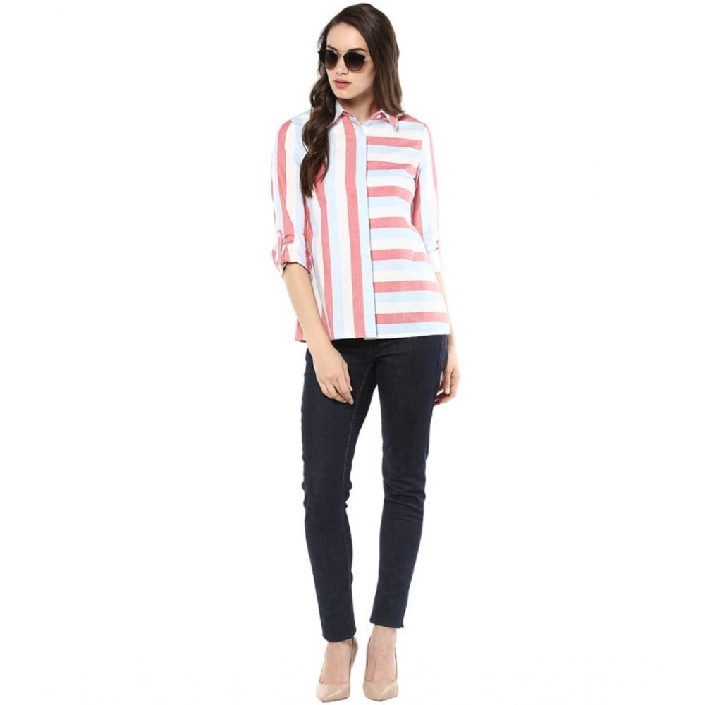 Women's Cotton Striped Roll Up Sleeve Regular Top - Red
