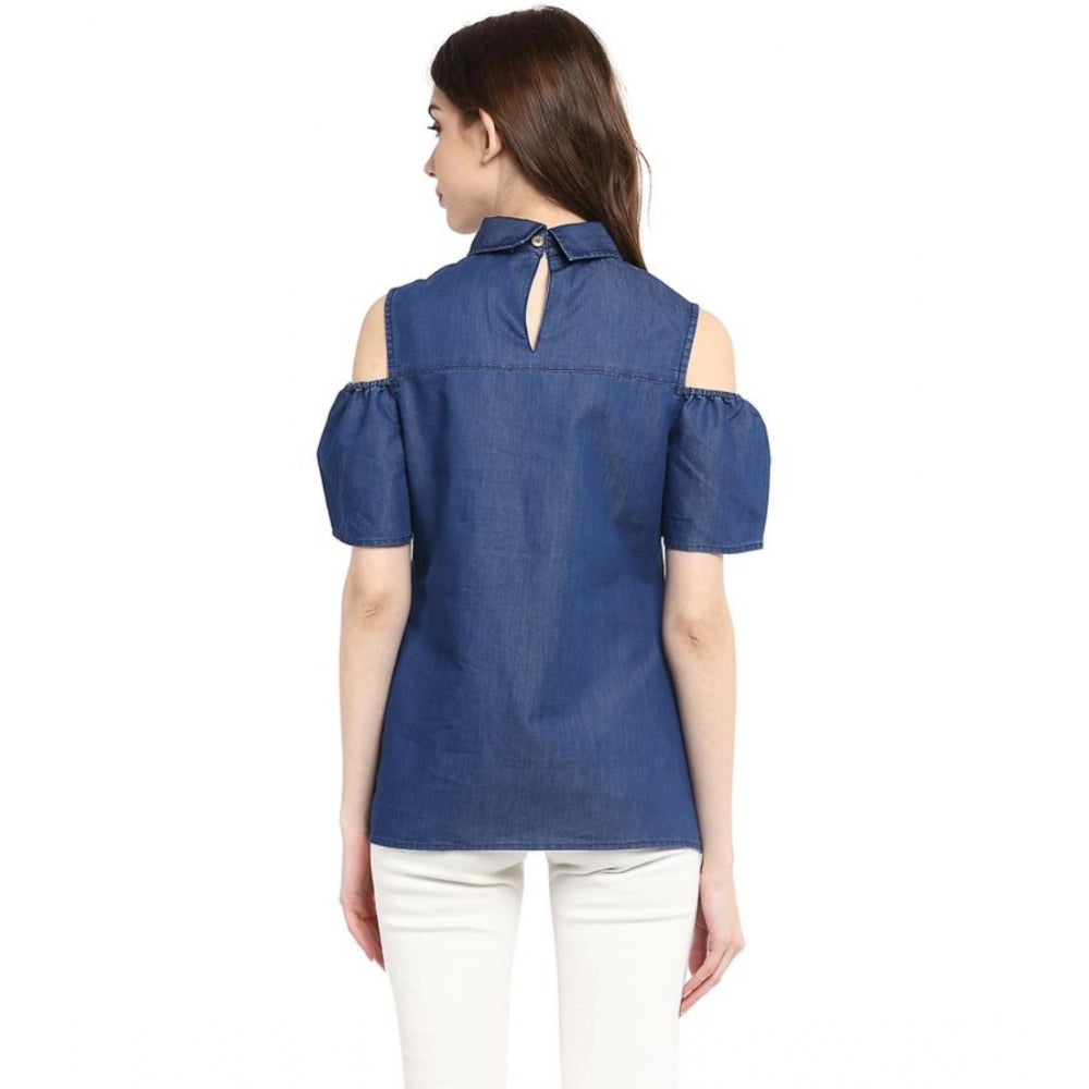 Women's Denim Solid Cold Shoulder Regular Top - Blue