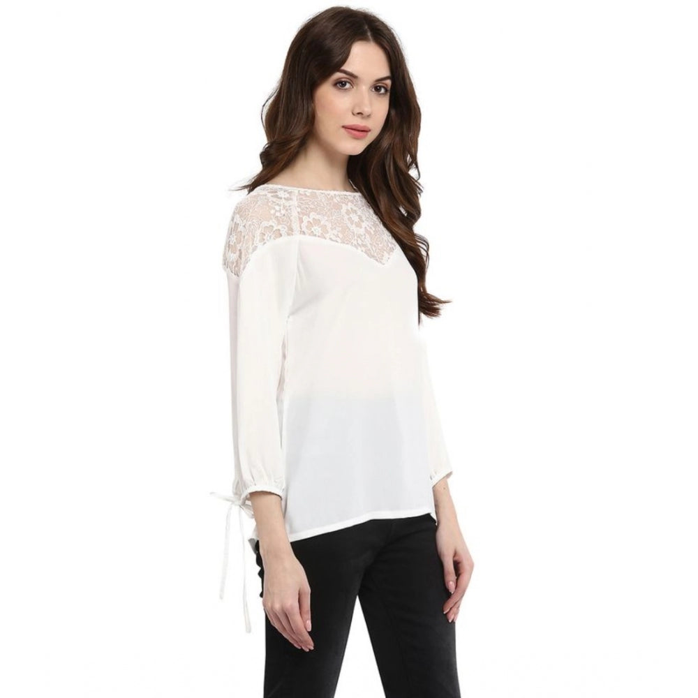 Women's Polyester Georgette Self Design 3/4 Sleeve Sleeves Regular Top - White