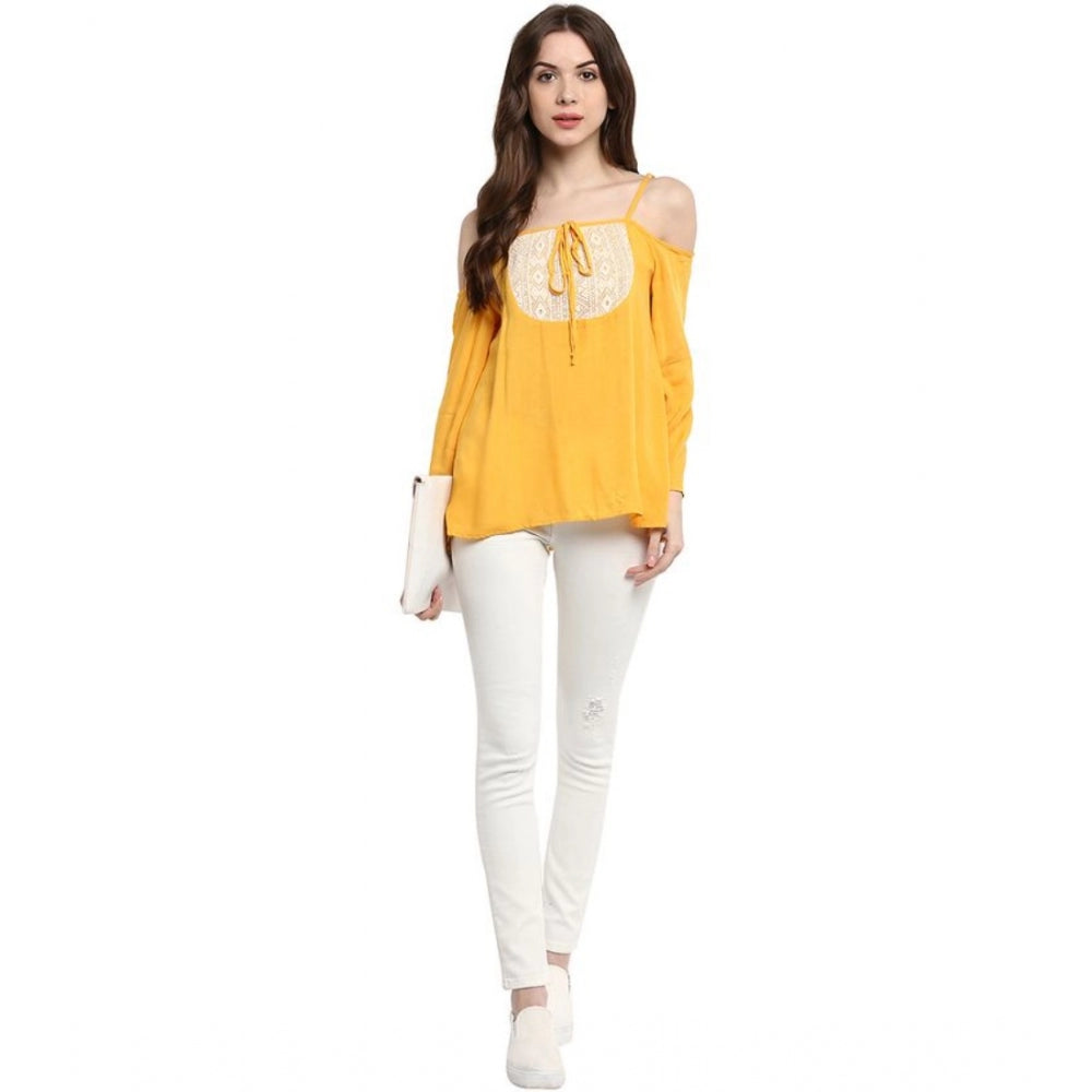 Women's Rayon Embellished Cold Shoulder Regular Top - Mustard Yellow