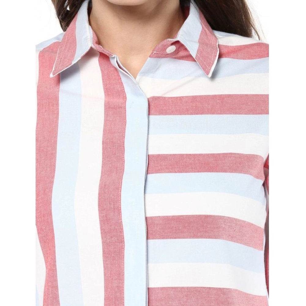 Women's Cotton Striped Roll Up Sleeve Regular Top - Red