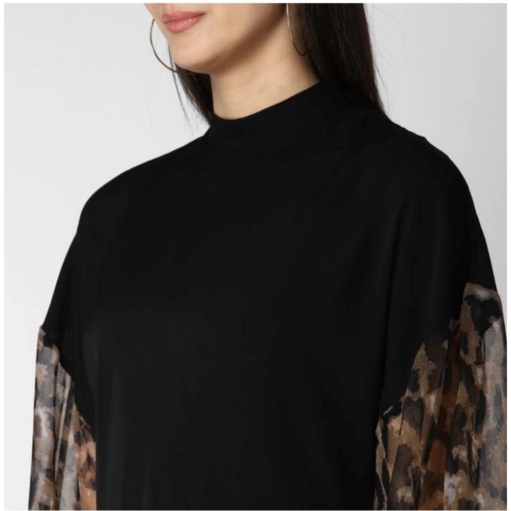 Women's Polyester Animal Print Long Sleeve Top - Black
