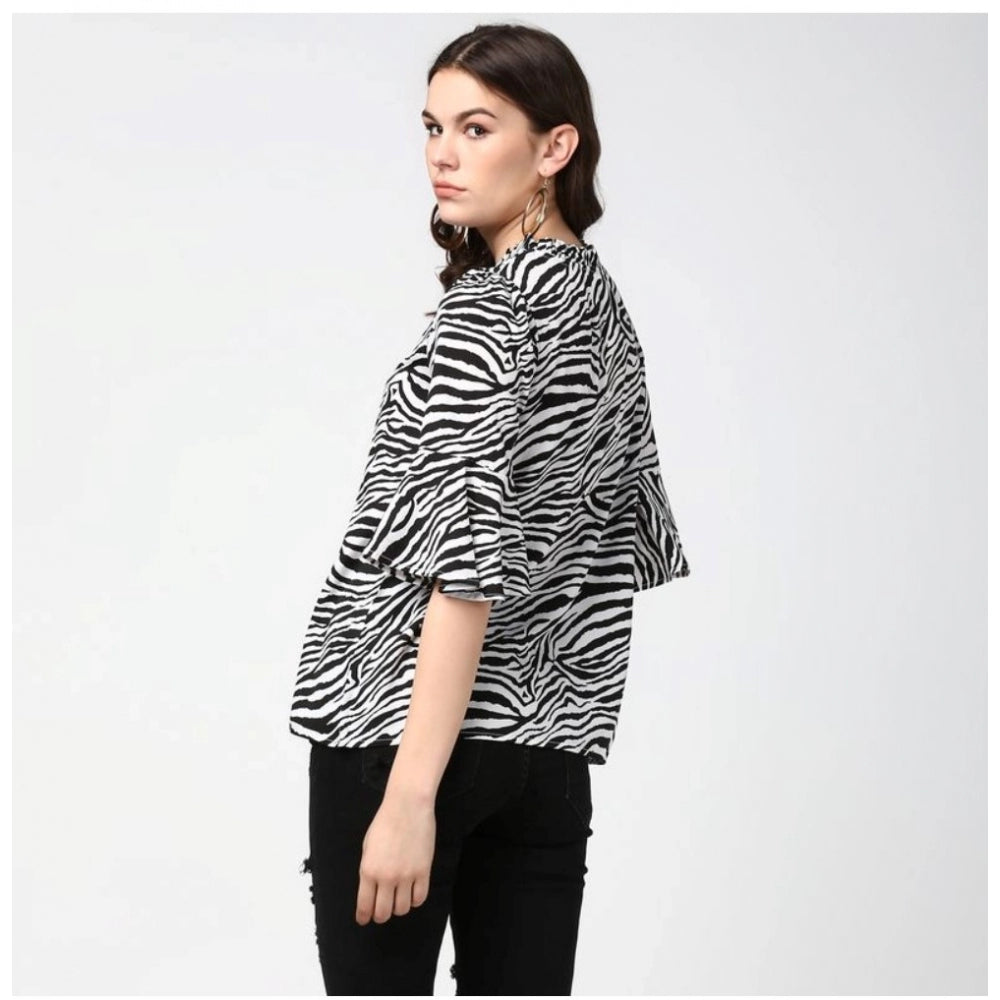 Women's Polyester Animal Print Bell Sleeve Top (Black - White) - POPNOVA