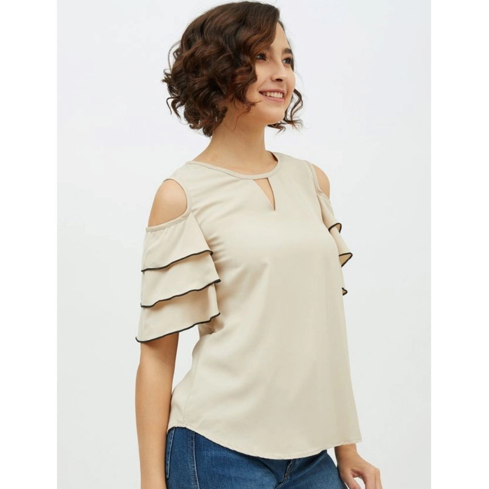 Women's Polyester Tiered Cold Shoulder Top - Beige