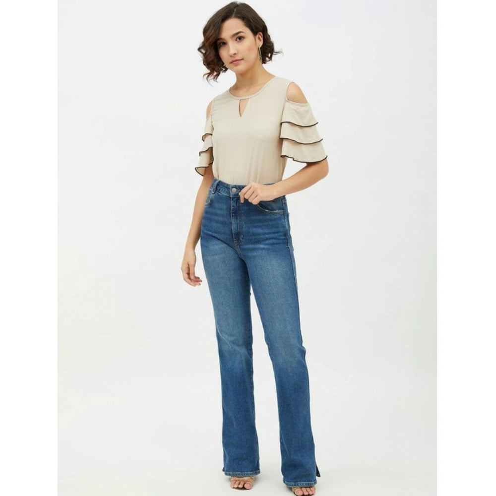Women's Polyester Tiered Cold Shoulder Top - Beige