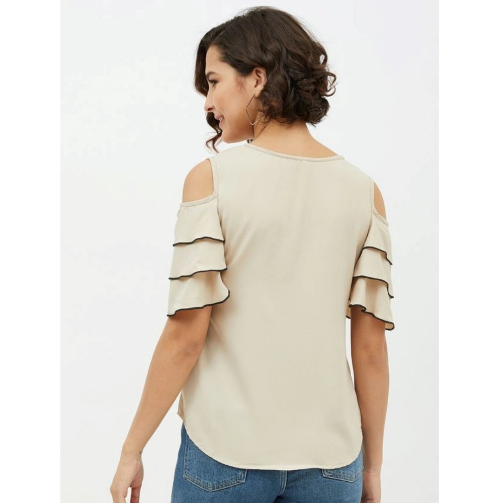 Women's Polyester Tiered Cold Shoulder Top - Beige