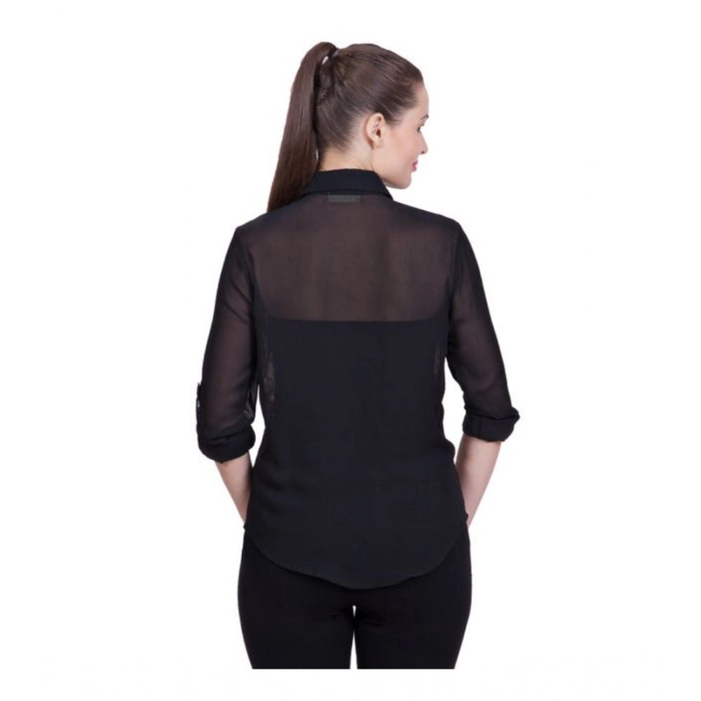 Women's Polyester Printed Roll Up Sleeve Standard Length Shirt - Black