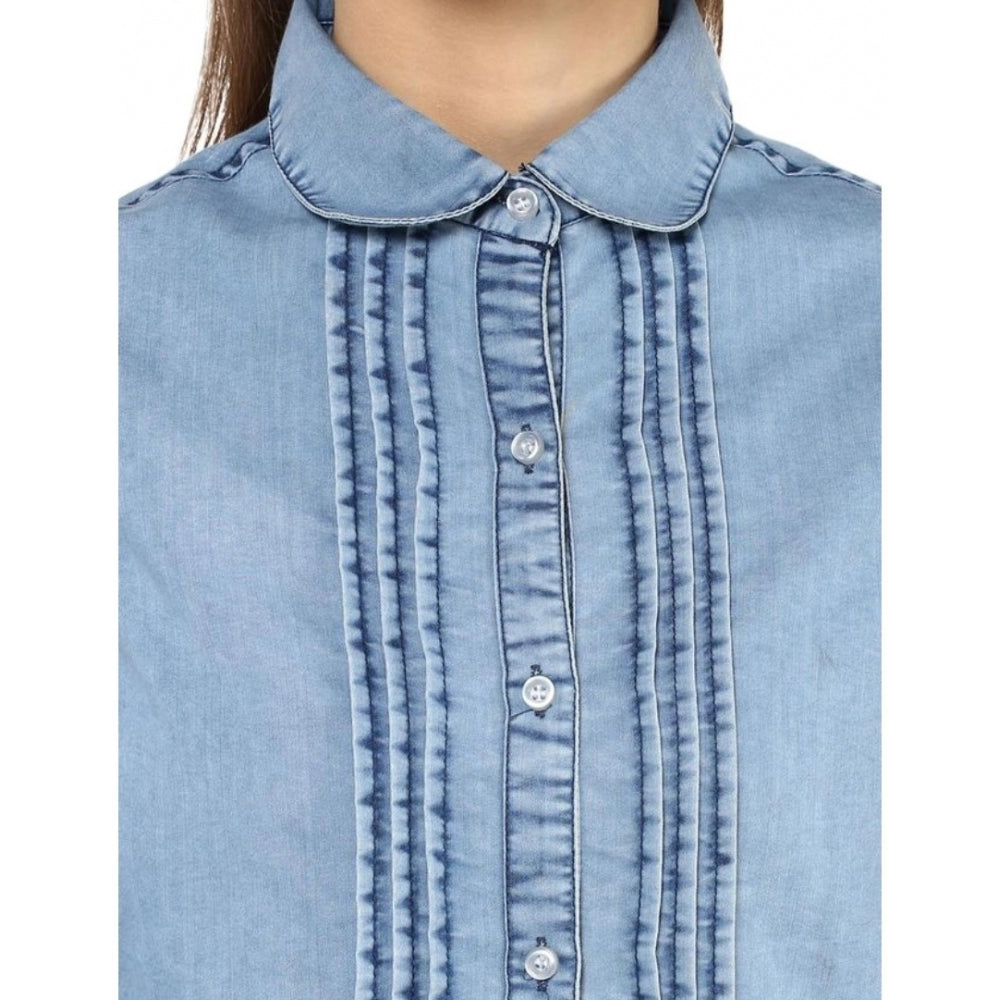 Women's Denim Solid 3/4 Sleeve Sleeves Standard Length Shirt - Blue