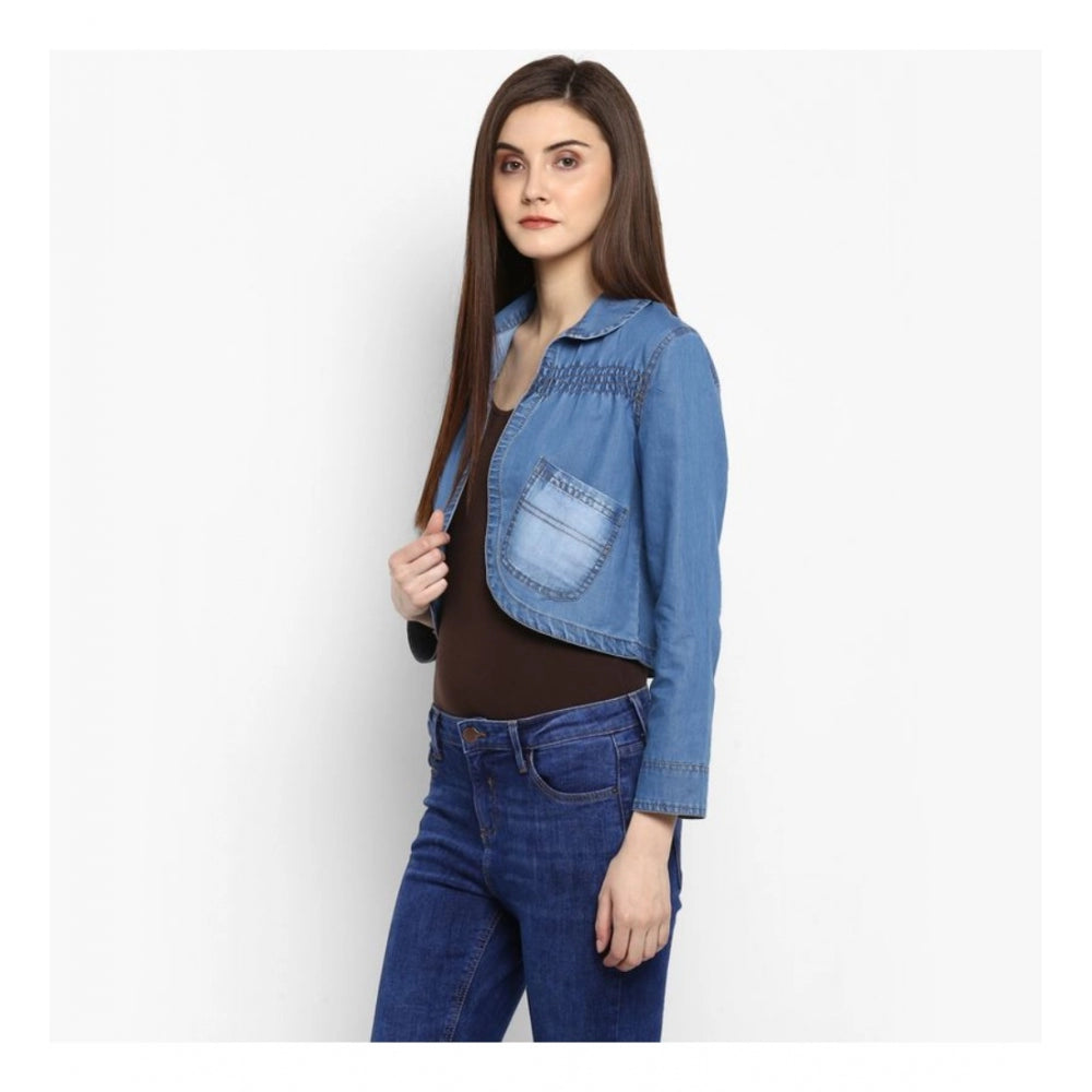 Women's Denim Smocking 3/4 Sleeve Sleeves Shrug - Blue