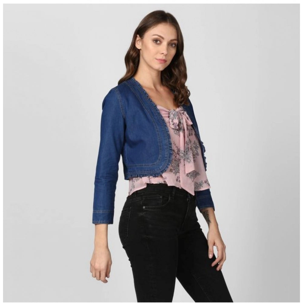 Women's Denim Ruffled Long Sleeve Shrug - Navy Blue