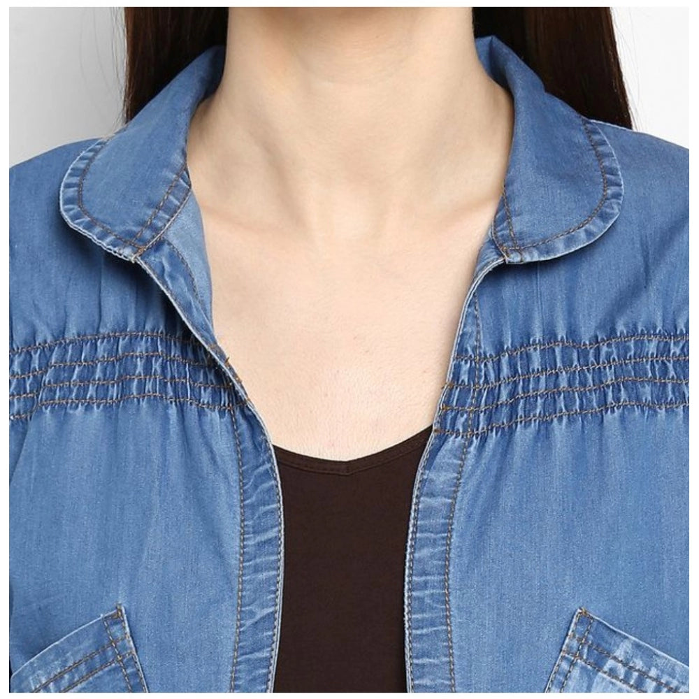 Women's Denim Smocking 3/4 Sleeve Sleeves Shrug - Blue