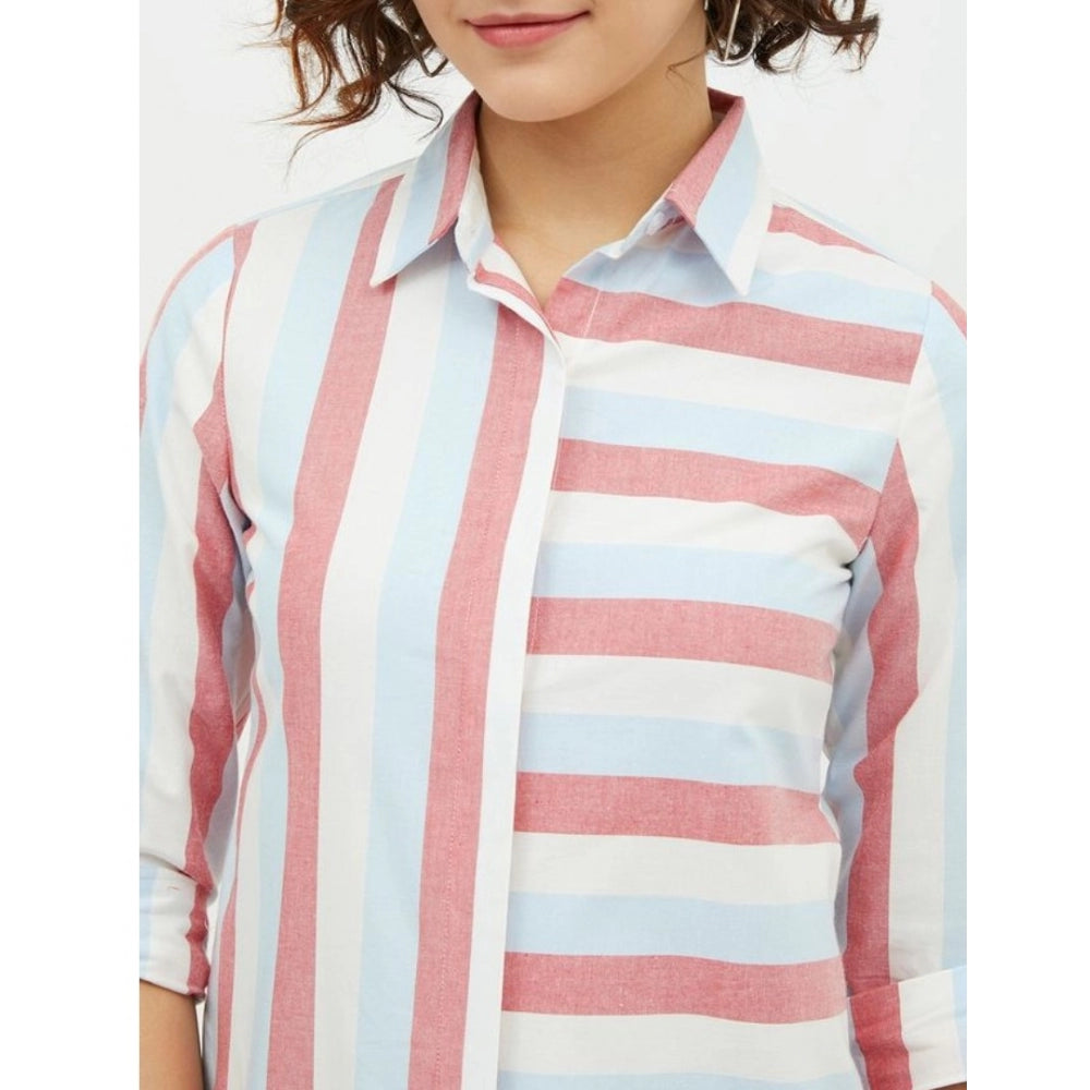 Women's Cotton Striped Long Sleeve Standard Length Shirt - Pink
