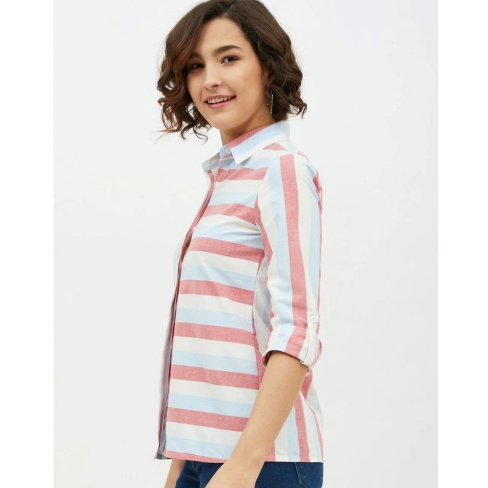 Women's Cotton Striped Long Sleeve Standard Length Shirt - Pink