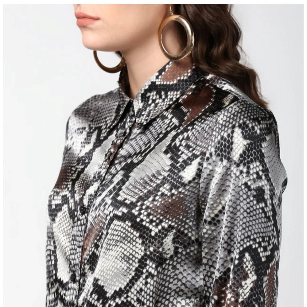 Women's Satin Animal Print Long Sleeve Standard Length Shirt - Black - Grey