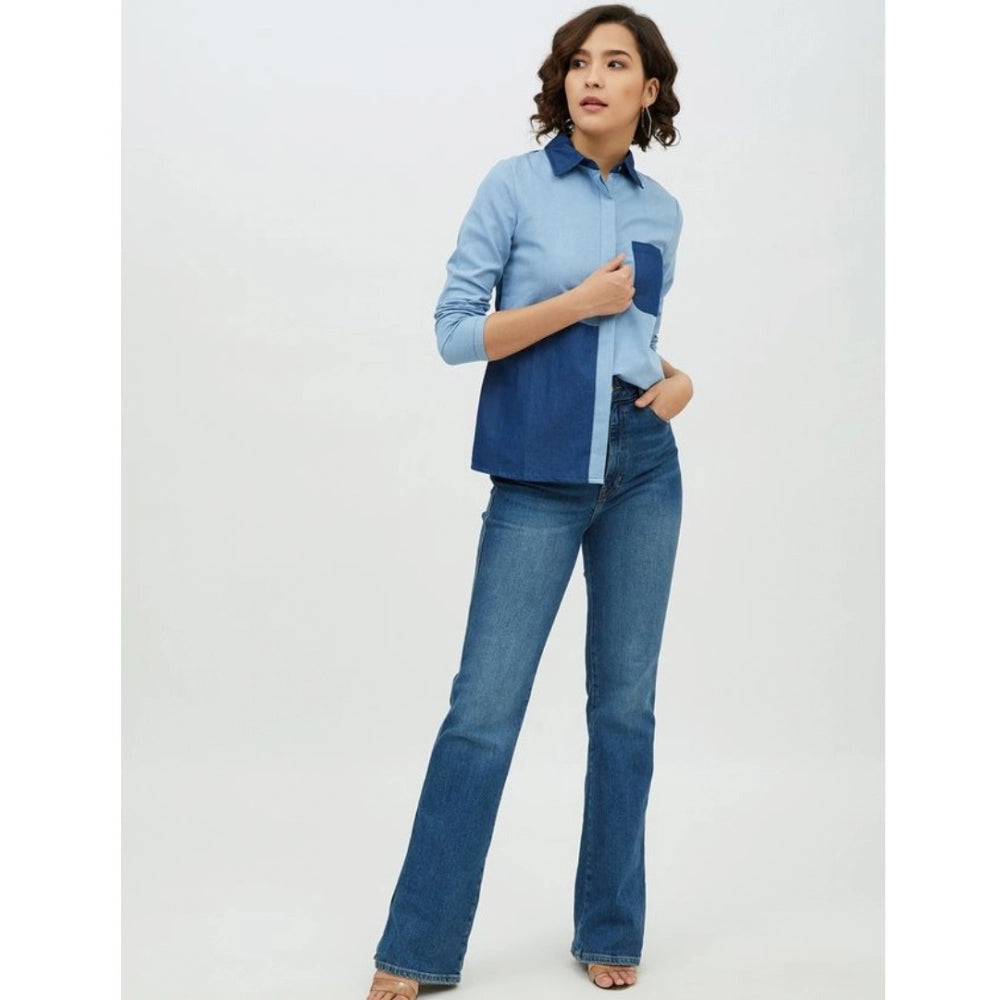 Women's Denim Patch Work Long Sleeve Standard Length Shirt - Blue