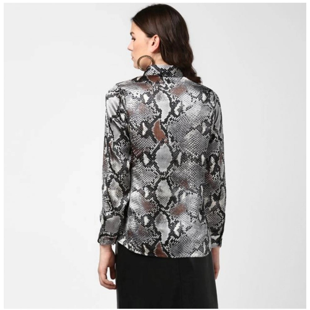 Women's Satin Animal Print Long Sleeve Standard Length Shirt - Black - Grey