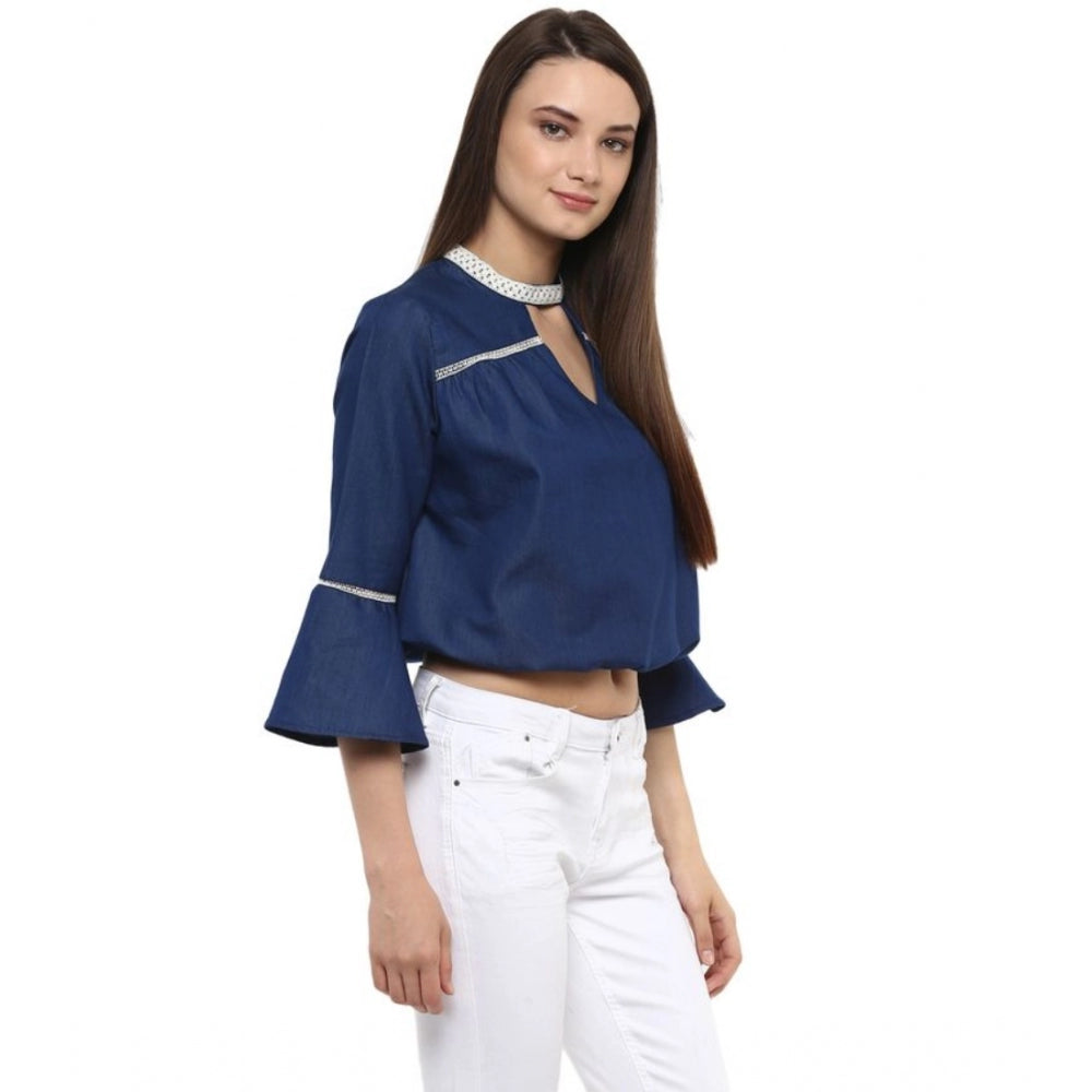 Women's Polyester Solid Bell Sleeve Regular Top - Blue