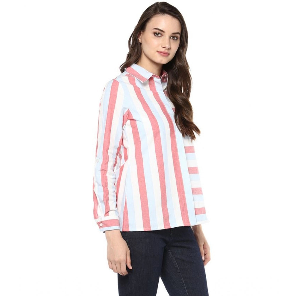 Women's Cotton Striped Roll Up Sleeve Regular Top - Red