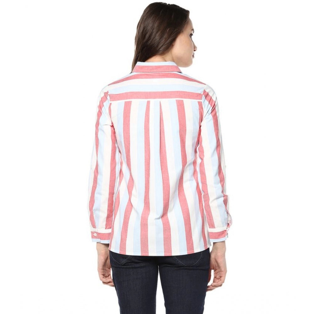 Women's Cotton Striped Roll Up Sleeve Regular Top - Red