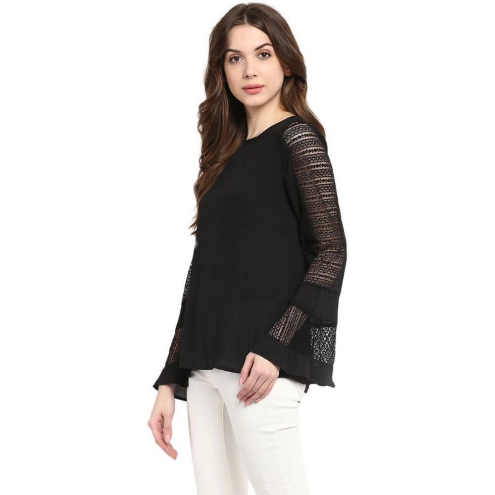 Women's Polyester Georgette Self Design Bell Sleeve Regular Top - Black
