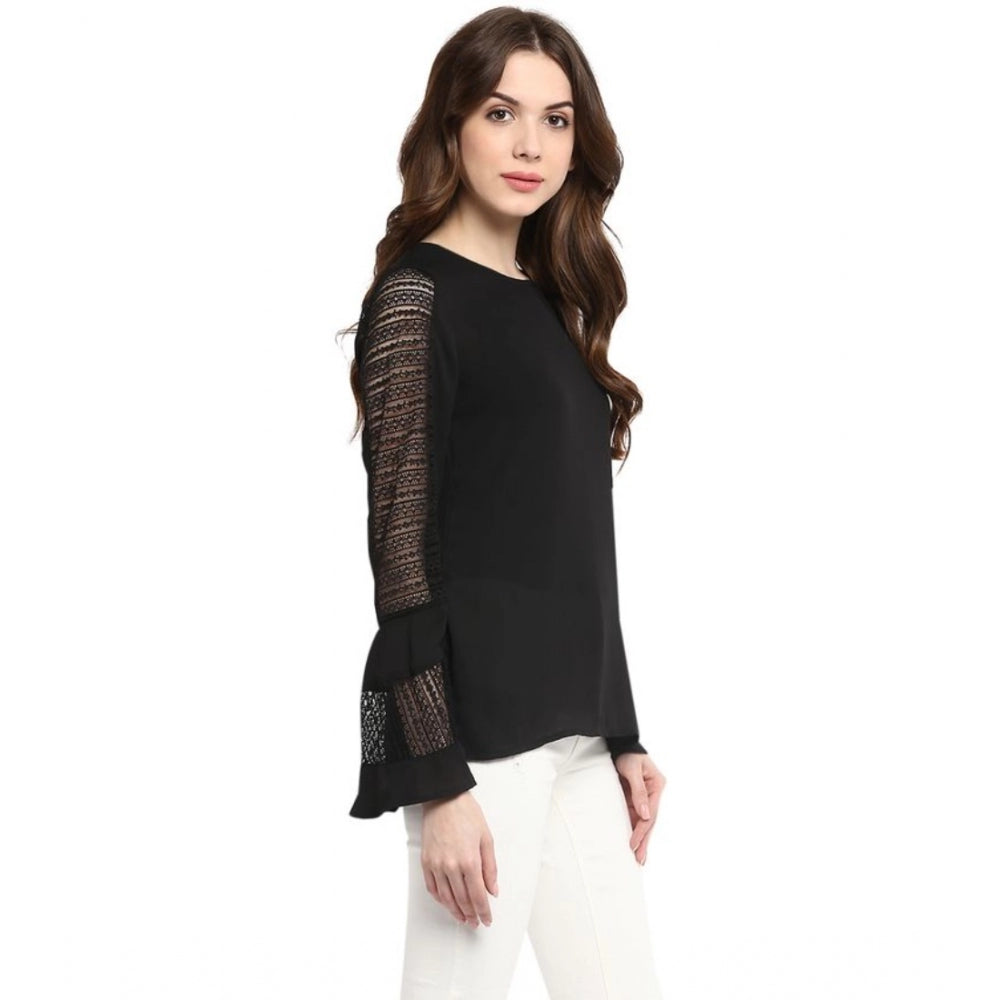 Women's Polyester Georgette Self Design Bell Sleeve Regular Top - Black