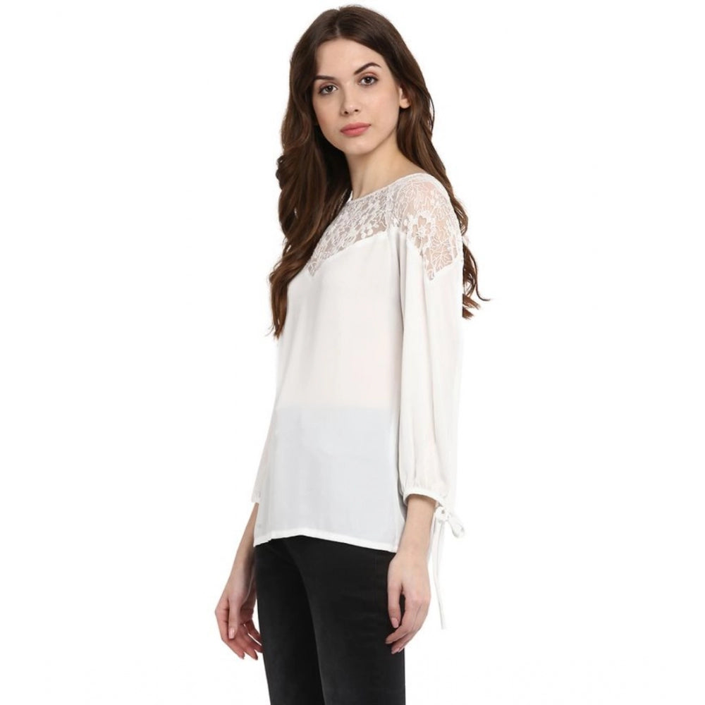 Women's Polyester Georgette Self Design 3/4 Sleeve Sleeves Regular Top - White