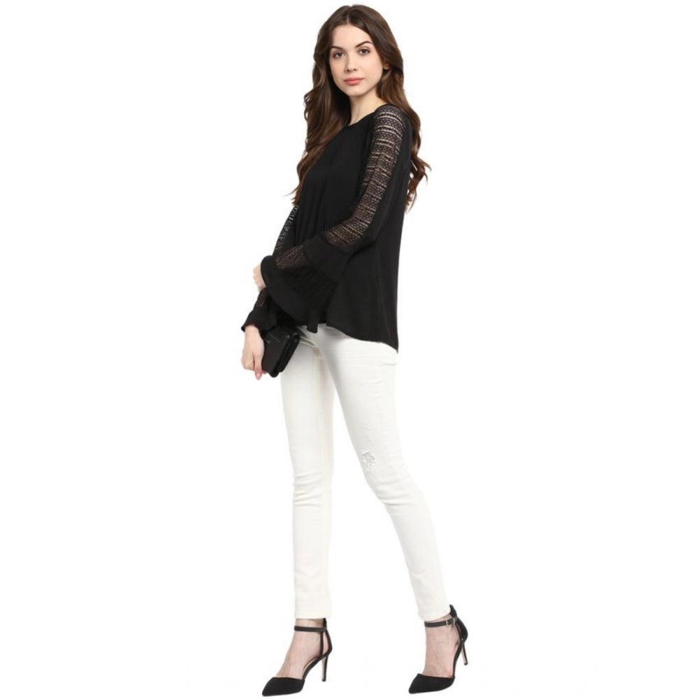 Women's Polyester Georgette Self Design Bell Sleeve Regular Top - Black