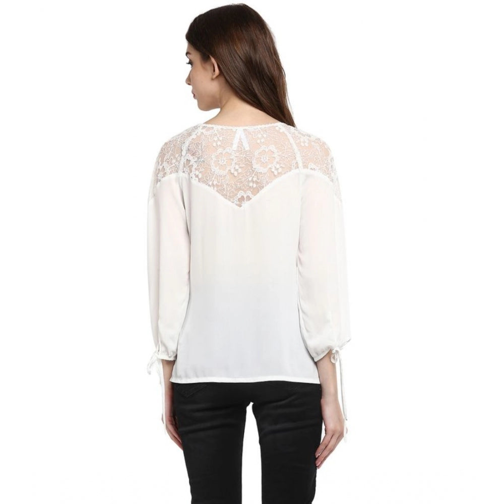 Women's Polyester Georgette Self Design 3/4 Sleeve Sleeves Regular Top - White