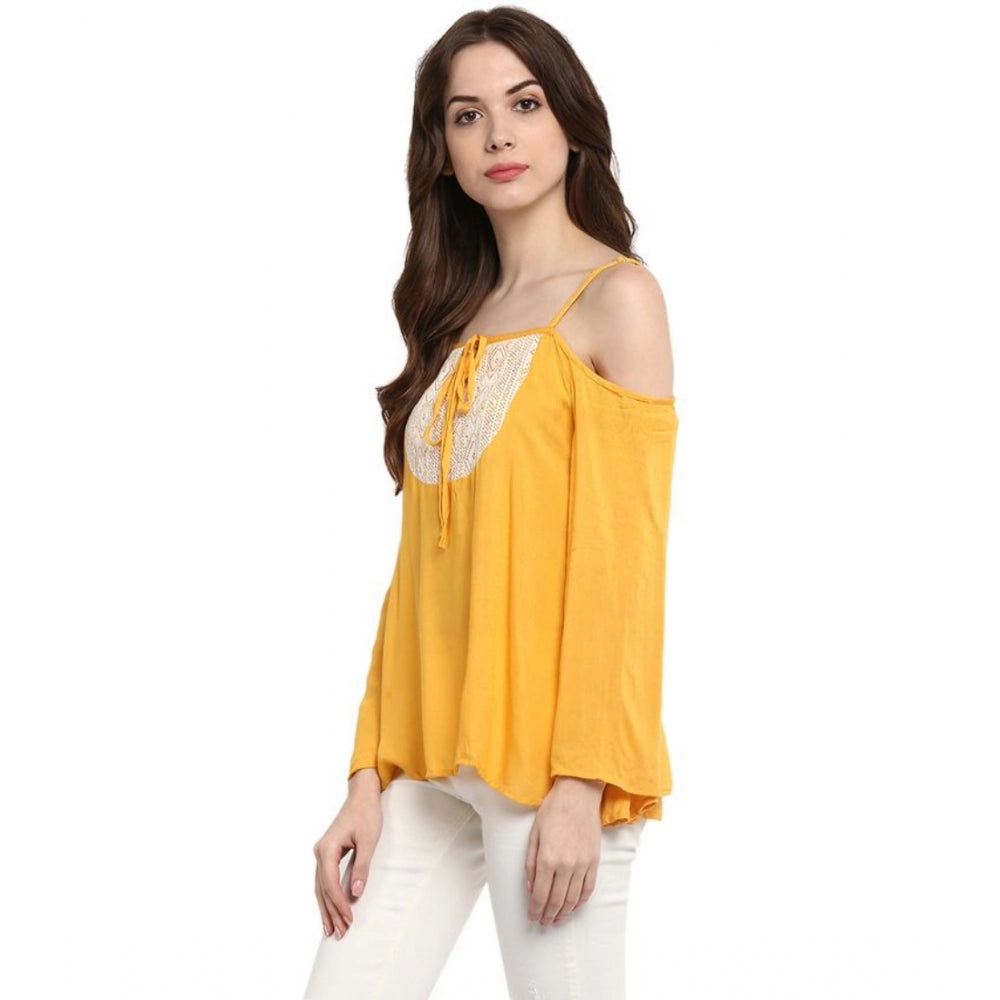 Women's Rayon Embellished Cold Shoulder Regular Top - Mustard Yellow