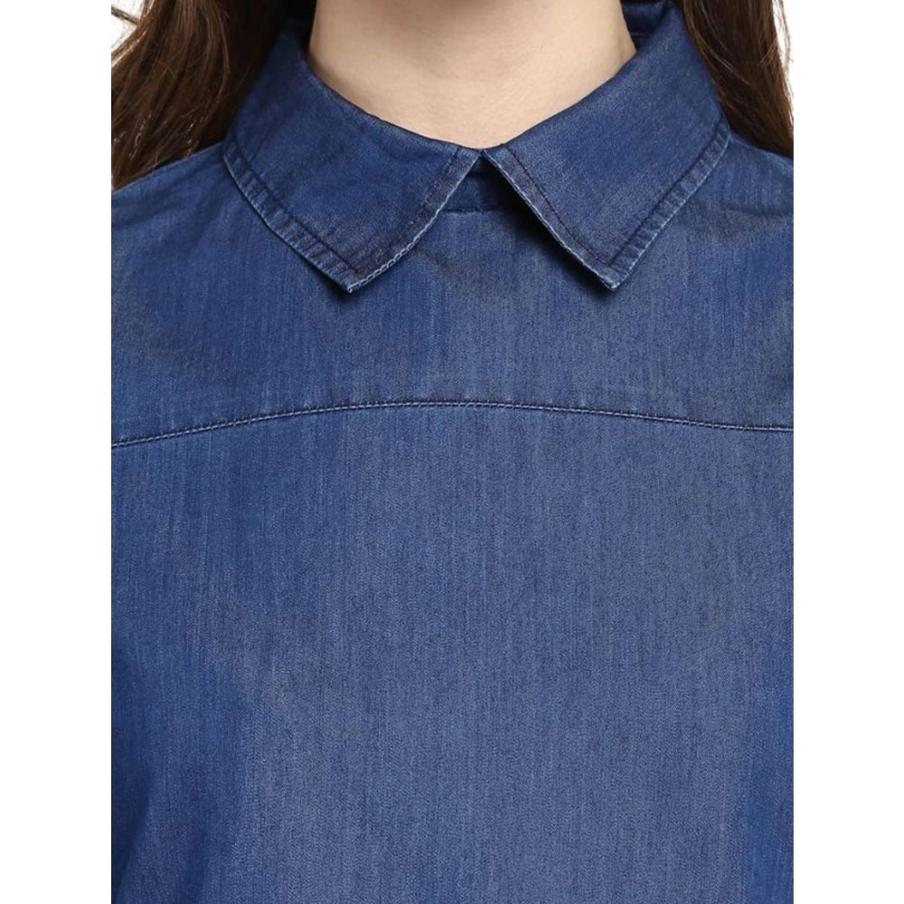 Women's Denim Solid Cold Shoulder Regular Top - Blue