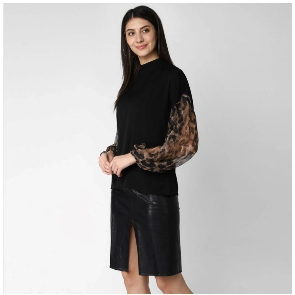 Women's Polyester Animal Print Long Sleeve Top - Black