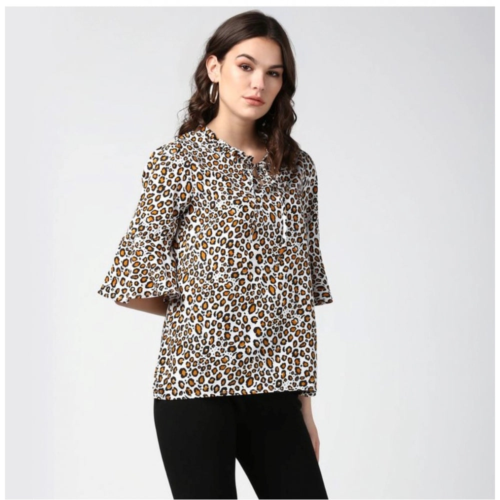 Women's Polyester Animal Print Bell Sleeve Top - Orange - Black