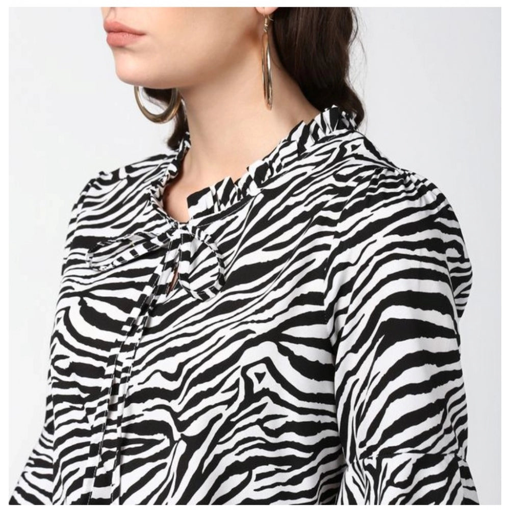 Women's Polyester Animal Print Bell Sleeve Top (Black - White) - POPNOVA