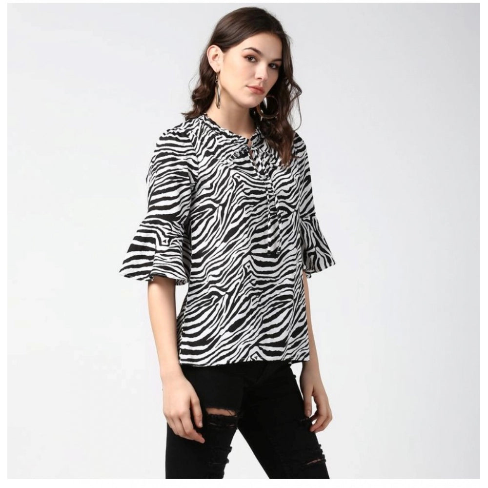 Women's Polyester Animal Print Bell Sleeve Top (Black - White) - POPNOVA