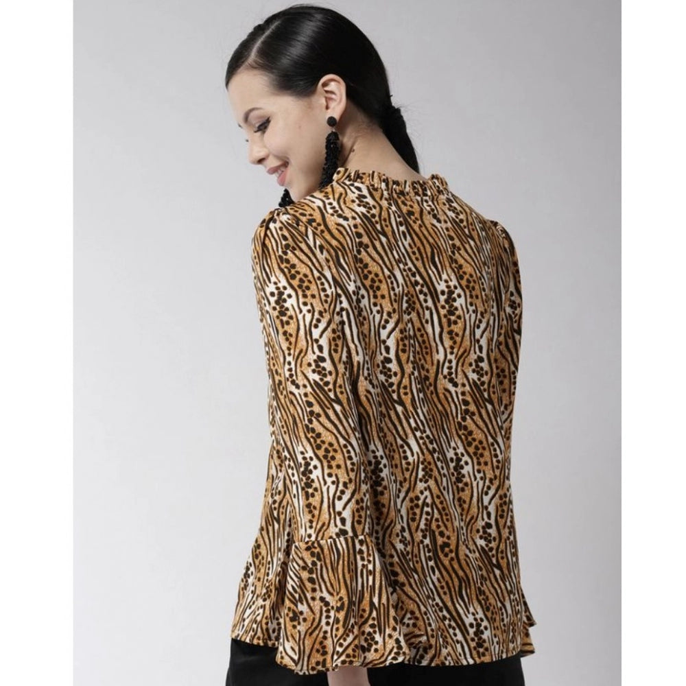 Women's Polyester Printed Bell Sleeve Top - Orange - Black