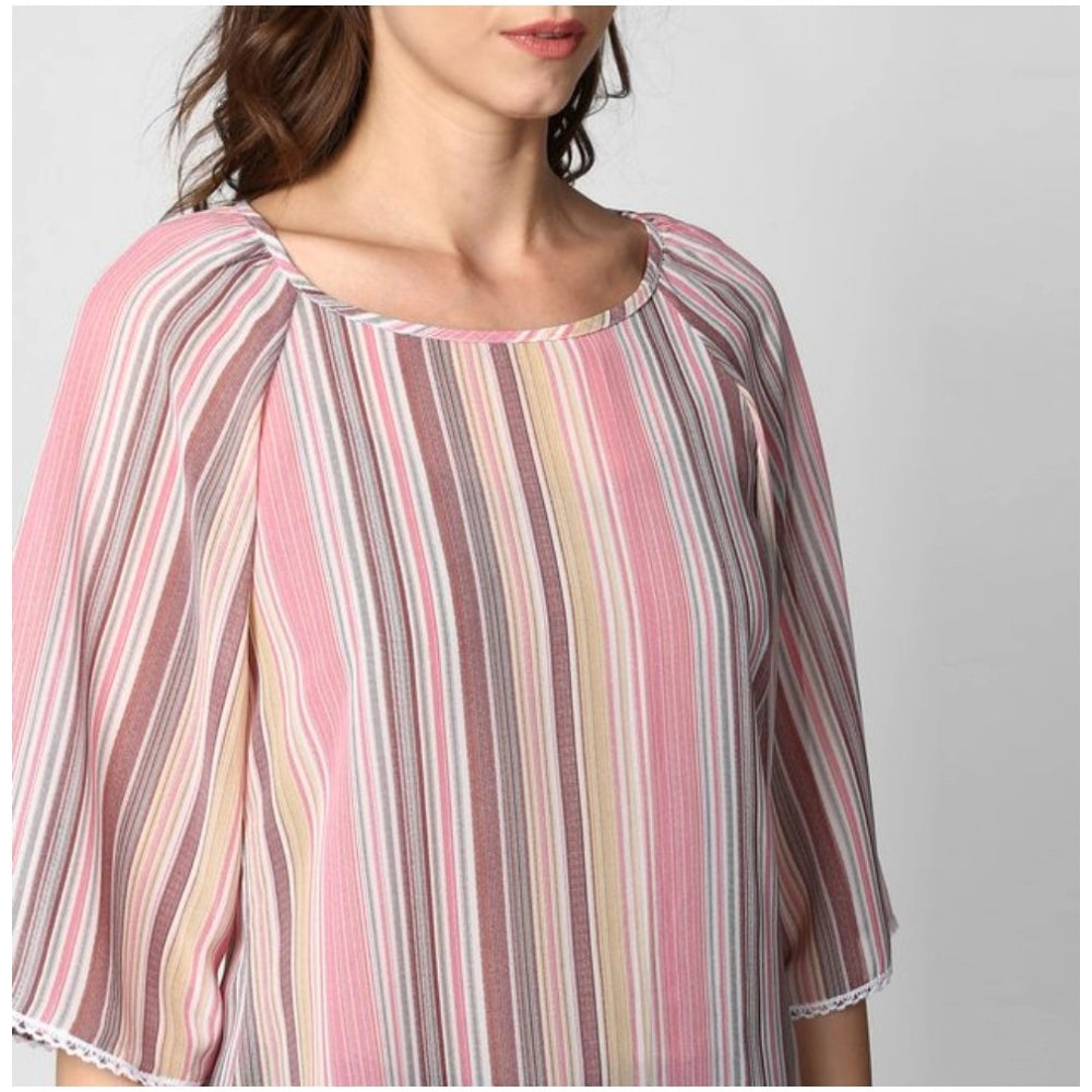 Women's Polyester Striped 3/4 Sleeve Sleeves Top - Pink